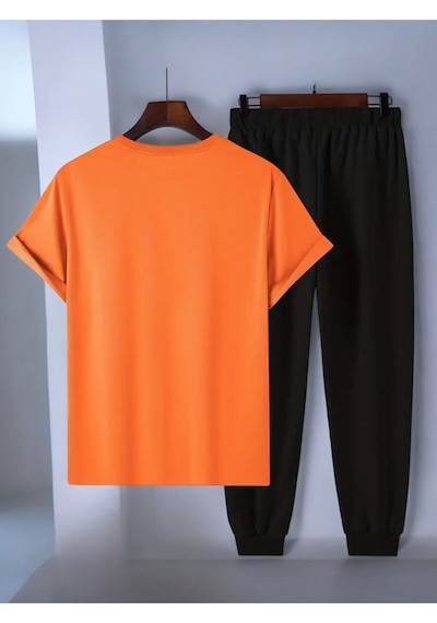 Uyguntarz Unisex Happy Cherry Tasarım Basklı Tshirt Eşofman Takımı Turuncu