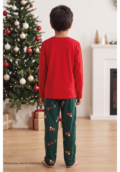Siyah İnci Yılbaşı Temalı Termal Kumaşlı Ultra Soft Yumuşak Baba-oğul Örme Pijama Takımı 26225810-1 Kırmızı