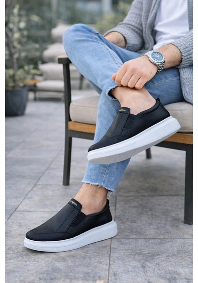 Mevese Eseenti Bağcıksız Erkek Günlük Cilt Spor Sneaker Ayakkabı - Siyah
