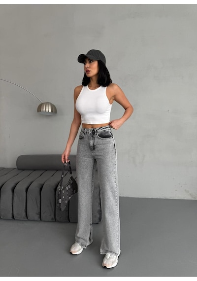 Yırtmaç Detaylı Boru Paça Grey Snow Wash Jean Gri