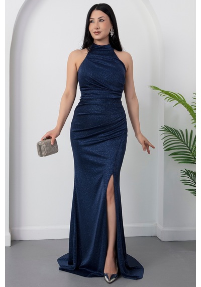 Kalopya Halter Yaka Yırtmaçlı Simli Elbise Drp0013 Lacivert