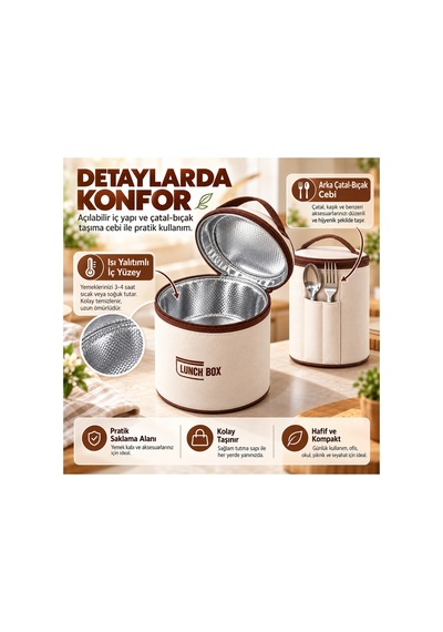 Paslanmaz Çelik Taşınabilir Lunch Box Vakumlu Yemek Kabı Seti, Çatal-kaşık Bölmeli Isı Yalıtımlı Taşıma Çantalı Sefertası Seti Bej