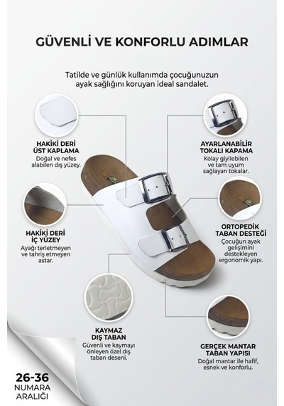Rap Rap Hakiki Deri Ortopedik Taban Unisex Çocuk Terlik Beyaz