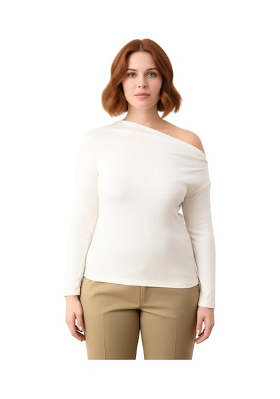 Ersefa Kadın Ekru Viskon Ribana Basic Bluz Asimetrik Yaka Cool & Comfort