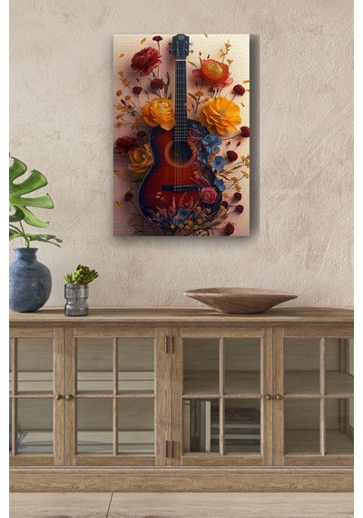 Etrafı Çiçek Kaplı Gitar Yağlı Kanvas Tablo