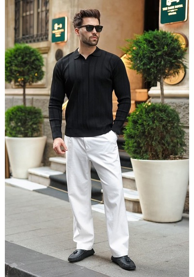 Madmext Siyah Polo Yaka Desenli Over Fit Erkek Triko Kazak E7517