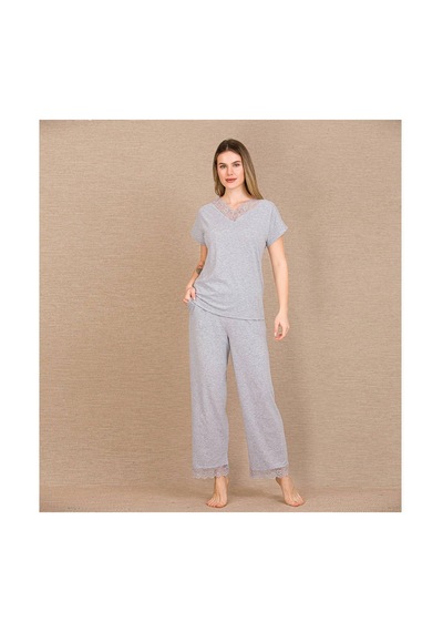L'ombre Viskon Şık Tasarım Dantel İşlemeli Gri Kısa Kol Pijama Takımı