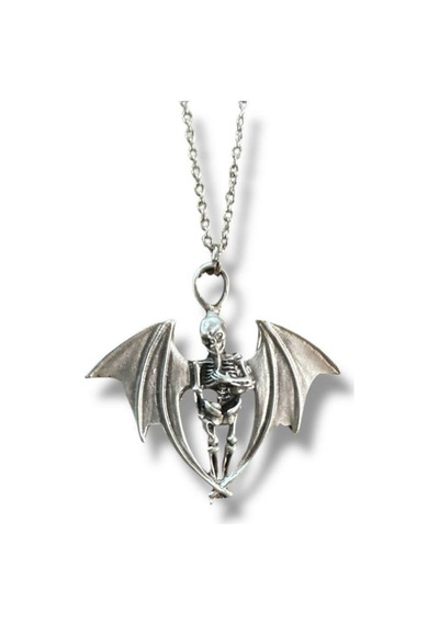 Gothic Kanatlı İskelet Figürlü Unisex Kolye 60 Cm Zincirli, Gotik Ve Karizmatik Tasarım Çok renkli