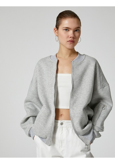 Koton Fermuarlı Sweatshirt Rahat Kalıp Uzun Kollu Yuvarlak Yaka Pamuklu Gri Melanj 4sal10424ık Gri Melanj