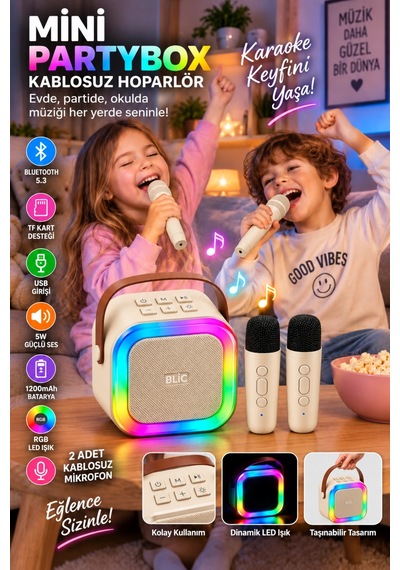 Blic Bls-97 Bej Partybox Çift Kablosuz Mikrofonlu Rgb Led Işıklı Taşınabilir Bluetooth Hoparlör