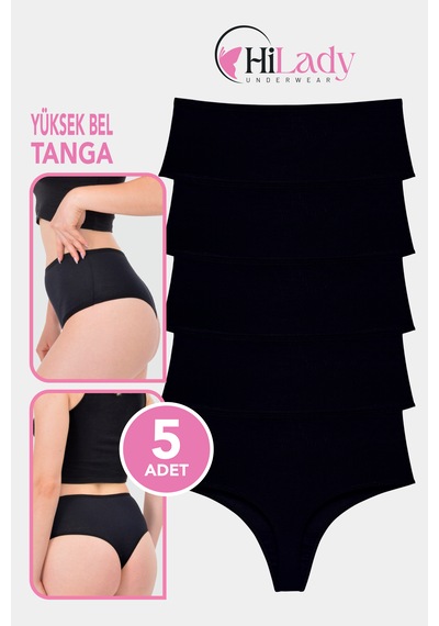 Hilady Kadın Tanga, Yüksek Bel Tanga 5'li Paket String, Tanga Külot Pamuklu Kumaş Siyah
