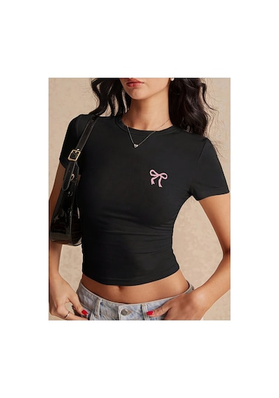 Nevermind Kadın Crop Baby Tee Fiyonk Baskılı Dar Kesim Y2k Estetik Pam Siyah