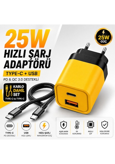 25w Hızlı Şarj Adaptörü + Type-c To Type-c Kablo Seti Pd & Qc 3.0 Destekli Usb + Type-c Çift Giriş Akıllı Koruma Hızlı Şarj Aleti Sarı