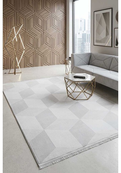 Geometrik Küp Desenli Prato İpeksi Lüks Viskon Halı Pr02 Gri