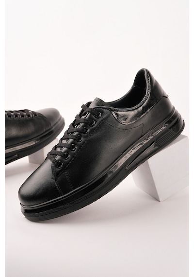 Muggo Hudson Hakiki Deri Erkek Kalın Taban Bağcıklı Günlük Casual Sneaker Siyah