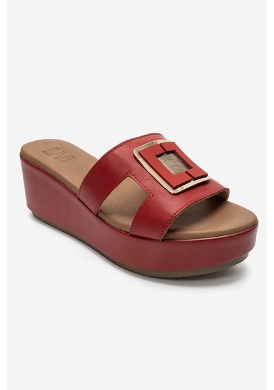 Luvi Shoes Hıola Kırmızı Hakiki Deri Tokalı Kadın Dolgu Topuklu Terlik