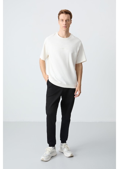 Tommy Life Ekru Siyah Pamuklu Kalın Yumuşak Dokulu Oversize Fit Basic Erkek Eşofman Takım - 85261 Ekru - Siyah