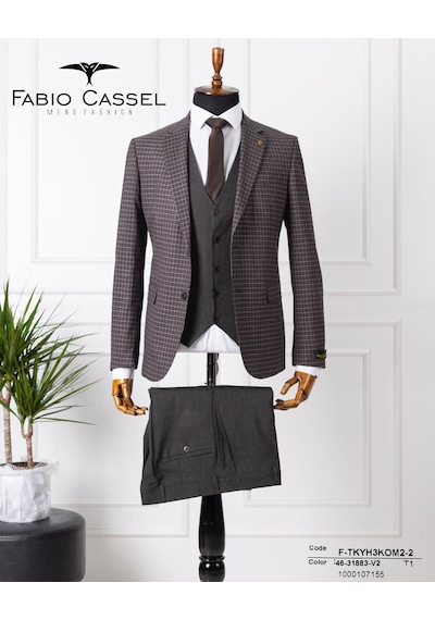 Fabio Cassel Slim Fit Mono Yaka Çift Yırtmaçlı Astarlı Takım Elbise Yelekli Kahverengi