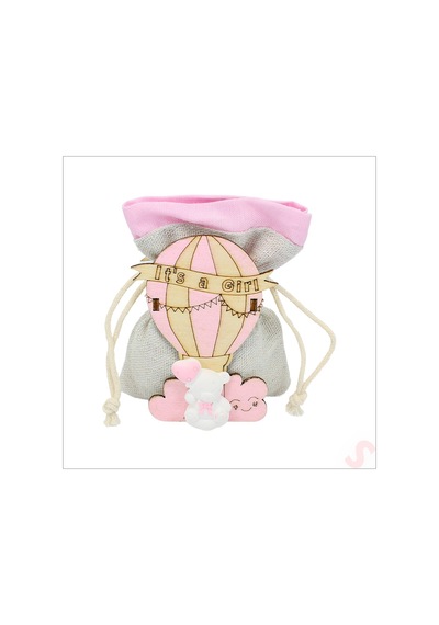 Ahşap Standlı 10cm X 8cm Kese, Pembe Uçan Balon - 1 Adet Renkli Çok Renkli