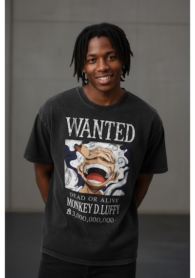Technomonkey Anime One Piece Luffy Gear 5 Wanted Unisex Yıkamalı Retro Tişört Siyah