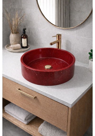 Mermer Desenli Tezgah Üstü Yuvarlak Çanak Taş Lavabo 45 Cm Bordo