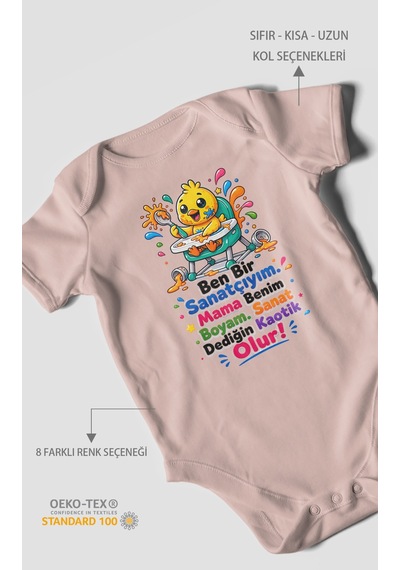 Morivokids Ben Bir Sanatçıyım Yazılı Kısa Kollu Bebek Body %100 Pamuk Pastel Pembe