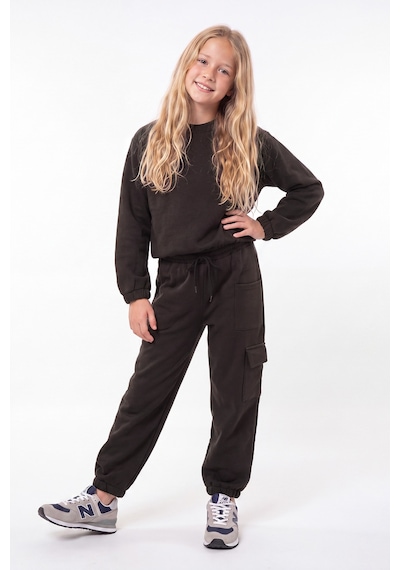 Fyk Kids 3 İplik Kız Çocuk Düz Kısa Bel Sweatshirt Bisiklet Yaka Eşofman Takımı Kahverengi
