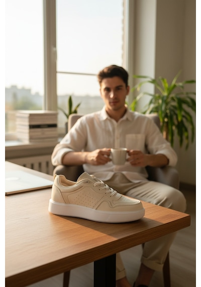 Enoch Mikro Delik Detaylı Ve Kalın Düz Tabanlı Erkek Casual Sneaker Bej