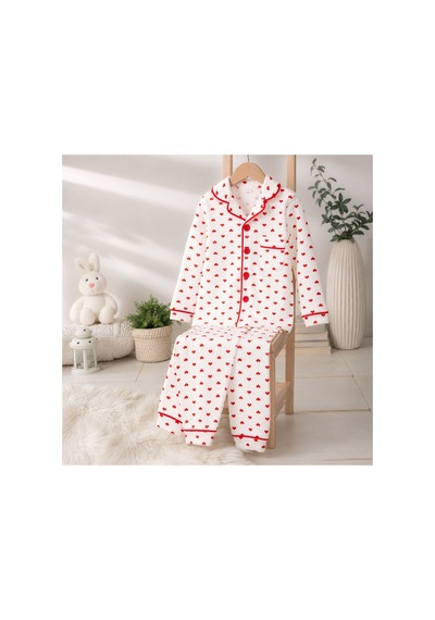 Bebelove Kız Çocuk Kalp Desenli Düğmeli Pijama Takımı Beyaz Beyaz - Kırmızı