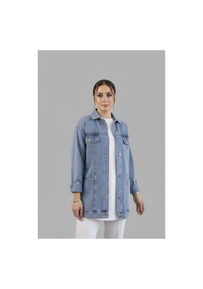 Hb Harma Time Butik Kadın Cep Detaylı Denim Mavi Kot Ceket