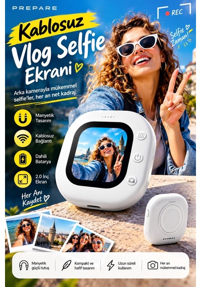Manyetik Arka Kamera Selfie Ekranı 2.0 İnç Kablosuz Mini Vlog Monitörü Şarjlı Telefon Aksesuarı Beyaz
