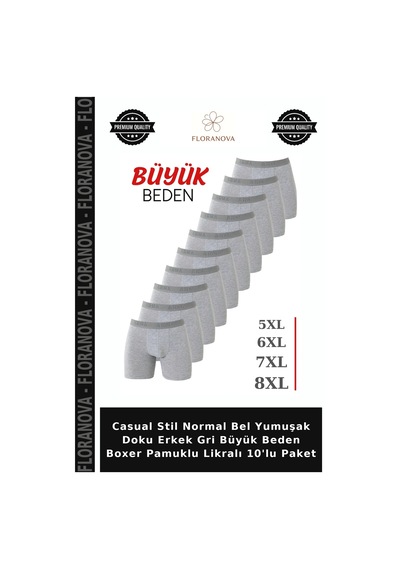 Floranova Casual Stil Normal Bel Yumuşak Doku Erkek Gri Büyük Beden Boxer Pamuklu Likralı 10'lu Paket