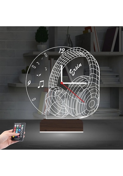 Luvivia Dj Kulaklık Mikrofon Enstrüman Müzik Nota Kişiye Özel Saatli 3d Lamba - Masa Gece Lambası Şeffaf