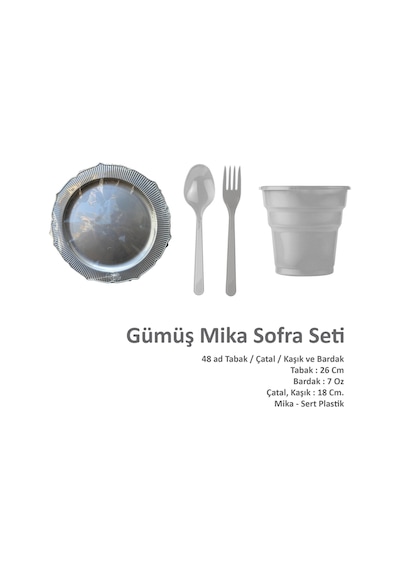 Omeyva 26 Cm. Mika Plastik Gümüş Sorfa Piknik Seti - 48 Kişilik Tabak Bardak Çatal Kaşık Takımı