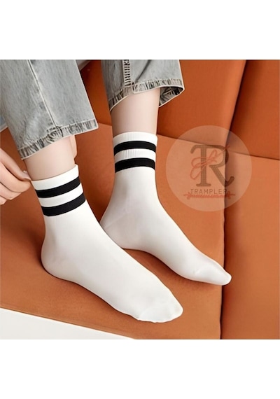 Trampler Sade Çizgili Benekli Unisex Çorap Soket 5 Çift Beyaz Siyah Beyaz