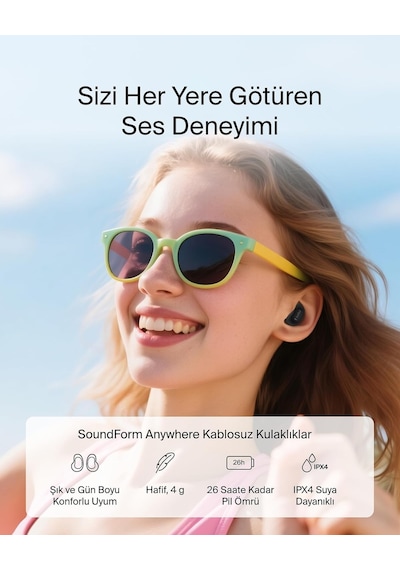 Soundform Anywhere Kablosuz Kulak İçi Kulaklık, Hafif, Uzun Süreli Konfor Sunan Bluetooth Kulaklıklar, İphone, İpad, Tablet, Dizüstü Bilgisayar, Bisiklet, Koşu İçin Ipx4 Suya Dayanıklı, Siyah