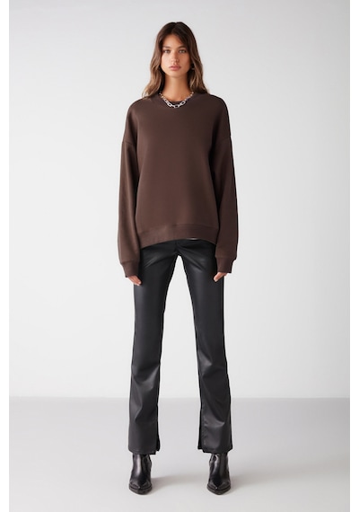 Grimelange VANELTINA  Kadın Organik Pamuklu Yumuşacık İçi Polarlı Yuvarlak yakalı Kahverengi Sweatshirt