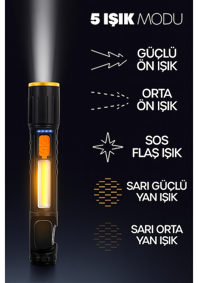 Şarjlı El Feneri 5 Mod Karabina Askılı Cob Led Kamp Lambası Acil Durum Işığı 7149 Siyah