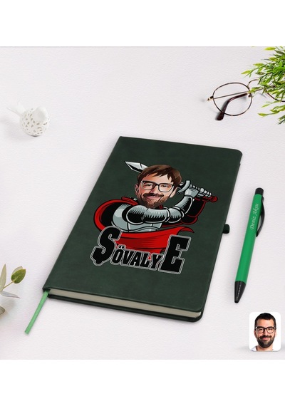 Kişiye Özel Şövalye Karikatürlü Yeşil Termo Deri Defter Kalem Set
