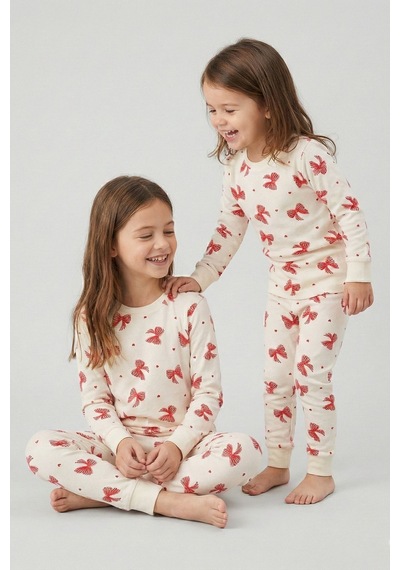 Ekru Renk Kırmızı Fiyonk Baskılı Kız Çocuk Pijama Takımı Ekru