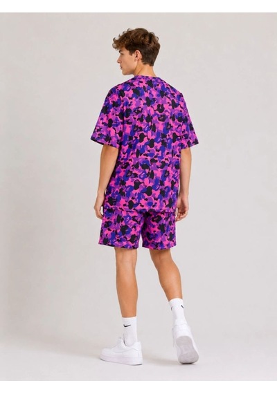 Erkek Çocuk Oversize Kalıp Pubg Bape X Shark Nakışlı Cepli Şort Takım - Mor