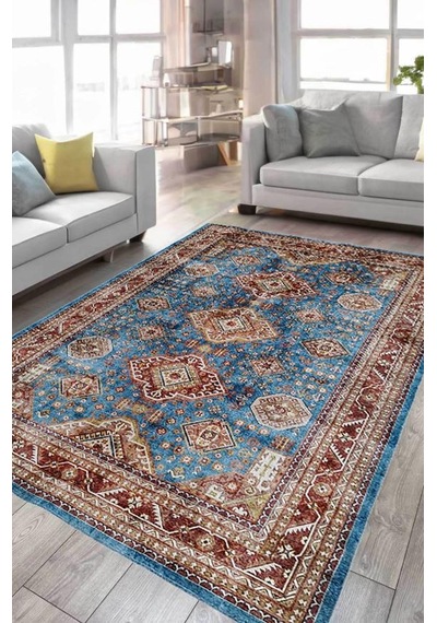 Çam Halı Dream 32-036 Etnik Eskitme Desenli Dokuma Tabanlı Yıkanabilir Şönil Salon Ve Oda Halısı Mavi