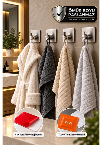 4 Adet Kare Tekli Modern Banyo Askılık 45 Mm Paslanmaz Çelik Delmeden Yapışkan Montaj Inox