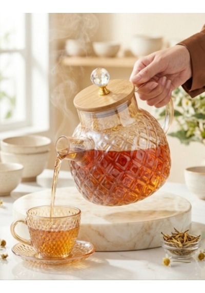 Isıya Dayanıklı Baklava Desen Cam Demlik Bambu & Metal Kapaklı Kulplu Süzgeçli 1000 Ml Füme Renk Kehribar