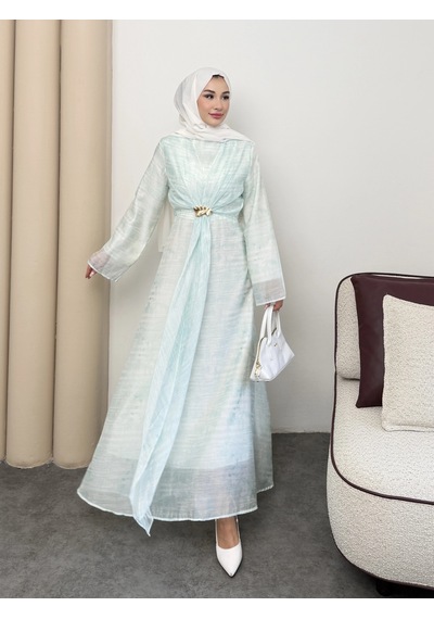 Mihran Butik Silk Model Kemerli Bilek Büzgü Desen Detaylı Kadın Elbise Mint