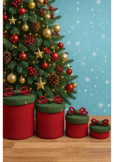 Mavaux Christmas 4 Lü Jüt Halatlı Dekoratif Hediye Sepeti Seti Kırmızı Yeşil Noel Sepeti Çok Renkli 4'lü