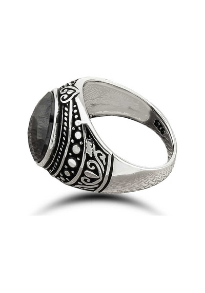 Gümüş Siyah Zirkon Taşlı Oval Erkek Yüzük T8453