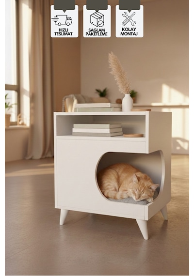 Minderli Kedi Evi, Yan Sehpa, Çok Amaçlı Sehpa, Modern Kedi Yuvası 59x60 Cm, Minder Dahil