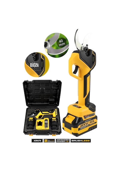 Assur 21v Çift Akülü 40 Mm Ağaç Odun Dal Kesme Makinesı Şarjlı Dijital Budama Makası Sarı-3010