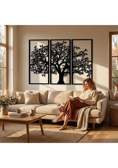 3 Panel Aile Ağacı Metal Duvar Dekoru, Siyah, 76x51cm Diğer